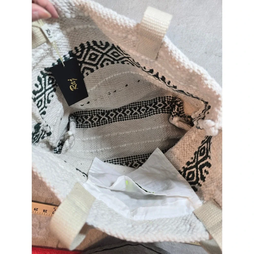 Raj XL Women Woven Cotton Boho Tote Bag Green White Geometric Fringe Pom Pom NEW
